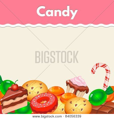 Background with colorful sticker candy, sweets and cakes.