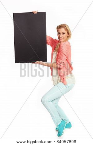Young Woman With Black Advertising Sign
