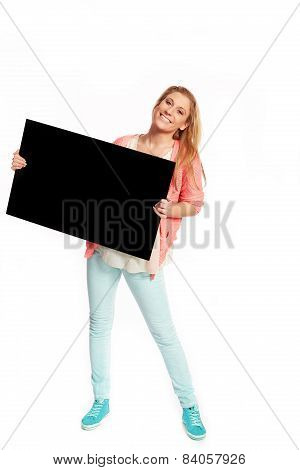 Young Woman With Black Advertising Sign