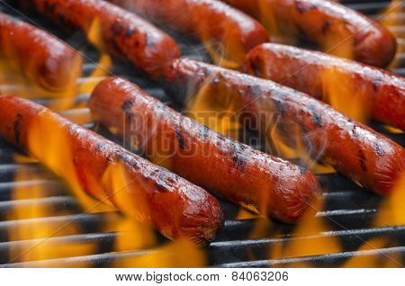 Hotdogs on a Flaming Hot Barbecue Grill