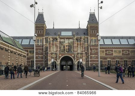 Amsterdam, Netherlands - February 08: Visitors At Rijksmuseum Exterior On February 08, 2015 In Amste