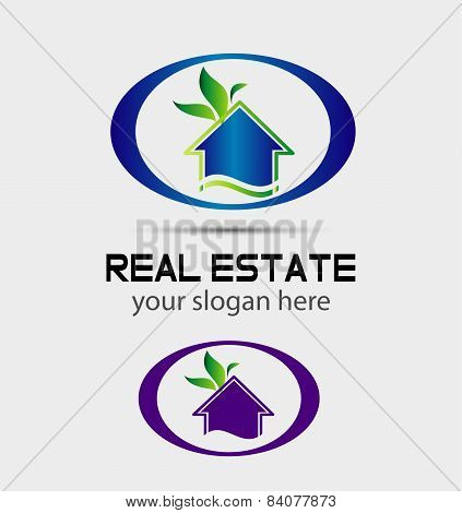 Green logo of eco house with leafs