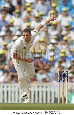 LONDON, ENGLAND - August 22 2013: Ryan Harris bowling during day two of the 5th Investec Ashes cricket match between England and Australia played at The Kia Oval Cricket Ground