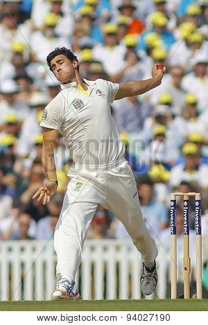 LONDON, ENGLAND - August 22 2013: Ryan Harris bowling during day two of the 5th Investec Ashes cricket match between England and Australia played at The Kia Oval Cricket Ground