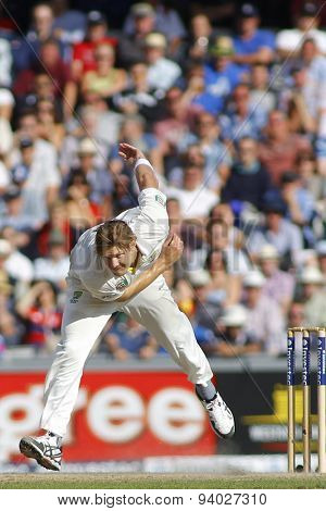 MANCHESTER, ENGLAND - August 03 2013: Shane Watson bowling during day three of  the Investec Ashes 3rd test match at Old Trafford Cricket Ground, on August 03, 2013 in London, England.