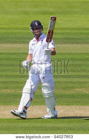 LONDON, ENGLAND - July 18 2013: Jonathan Trott raises his bat after scoring a half century on day one of the Investec Ashes 2nd test match, at Lords Cricket Ground on July 18, 2013 in London, England.