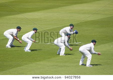 LONDON, ENGLAND - July 18 2013: The Australian slip fielding cordon on day one of the Investec Ashes 2nd test match, at Lords Cricket Ground on July 18, 2013 in London, England.