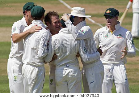 LONDON, ENGLAND - July 18 2013: Australia celebrates the wicket of Jonathan Trott on day one of the Investec Ashes 2nd test match, at Lords Cricket Ground on July 18, 2013 in London, England.