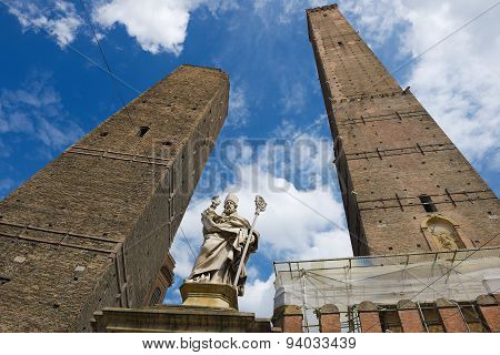 View to the famous Asiinelli and Garisenda towers in Bologna Italy.