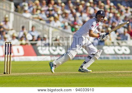 LONDON, ENGLAND - July 19 2013: Joe Root plays a shot during day two of the Investec Ashes 2nd test match, at Lords Cricket Ground on July 19, 2013 in London, England.