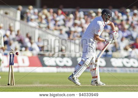 LONDON, ENGLAND - July 19 2013: Jonathan Trott is bowled out by Peter Siddle during day two of the Investec Ashes 2nd test match, at Lords Cricket Ground on July 19, 2013 in London, England.