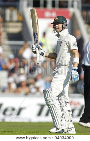 MANCHESTER, ENGLAND - August 01 2013: Michael Clarke celebrates scoring a century during day one of  the Investec Ashes 3rd test match at Old Trafford Cricket Ground