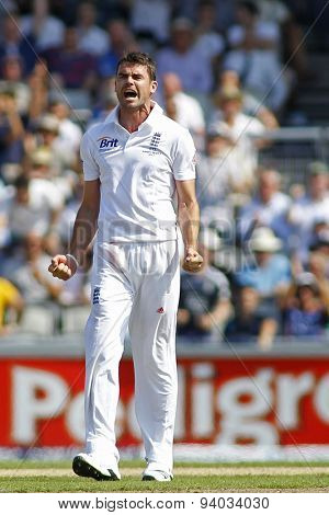 MANCHESTER, ENGLAND - August 01 2013: James Anderson celebrates the wicket of Steven Smith which was turned down on review during day one of  the Investec Ashes 3rd test match