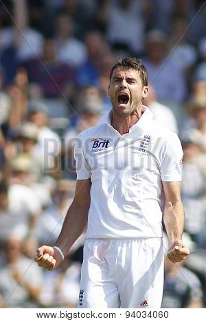 MANCHESTER, ENGLAND - August 01 2013: James Anderson celebrates the wicket of Steven Smith which was turned down on review during day one of  the Ashes 3rd test match at Old Trafford Cricket Ground