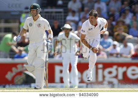 MANCHESTER, ENGLAND - August 02 2013: Michael Clarke and James Anderson during day two of  the Investec Ashes 3rd test match at Old Trafford Cricket Ground, on August 02, 2013 in London, England.