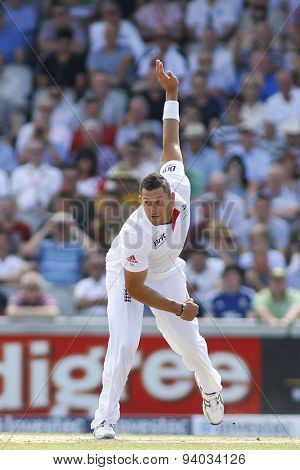 MANCHESTER, ENGLAND - August 02 2013: Tim Bresnan bowling during day two of  the Investec Ashes 3rd test match at Old Trafford Cricket Ground, on August 02, 2013 in London, England.