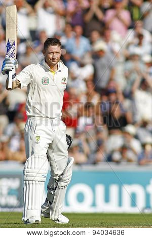 MANCHESTER, ENGLAND - August 01 2013: Michael Clarke celebrates scoring a century during day one of  the Investec Ashes 3rd test match at Old Trafford Cricket Ground, on August 01, 2013