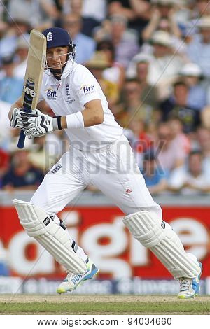 MANCHESTER, ENGLAND - August 02 2013: Joe Root batting during day two of  the Investec Ashes 3rd test match at Old Trafford Cricket Ground, on August 02, 2013 in London, England.