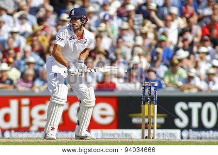 MANCHESTER, ENGLAND - August 02 2013: Alastair Cook during day two of  the Investec Ashes 3rd test match at Old Trafford Cricket Ground, on August 02, 2013 in London, England.