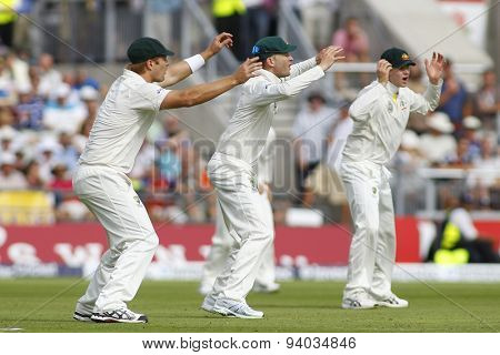 MANCHESTER, ENGLAND - August 02 2013: Shane Watson, Michael Clarke and Steven Smith during day two of  the Investec Ashes 3rd test match at Old Trafford Cricket Ground, on August 02, 2013