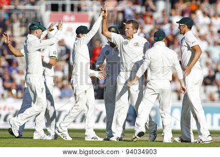 MANCHESTER, ENGLAND - August 02 2013: Peter Siddle celebrates taking the wicket of Tim Bresnan during day two of  the Investec Ashes 3rd test match at Old Trafford Cricket Ground