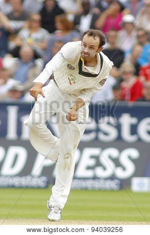 CHESTER LE STREET, ENGLAND - August 09 2013: Nathan Lyon bowling during day one of the Investec Ashes 4th test match at The Emirates Riverside Stadium, on August 09, 2013 in London, England.