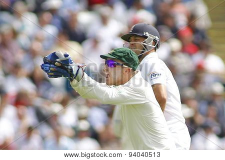 CHESTER LE STREET, ENGLAND - August 09 2013: Brad Haddin and Jonathan Trott during day one of the Investec Ashes 4th test match at The Emirates Riverside Stadium, on August 09, 2013