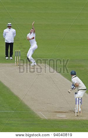 CHESTER LE STREET, ENGLAND - August 10 2013: Aleem Dar, James Anderson and Chris Rogers during day two of the Investec Ashes 4th test match at The Emirates Riverside Stadium, on August 10, 2013