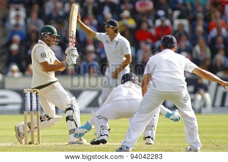 CHESTER LE STREET, ENGLAND - August 12 2013: Usman Khawaja plays a shot during day four of the Investec Ashes 4th test match at The Emirates Riverside Stadium, on August 12, 2013 in London, England.