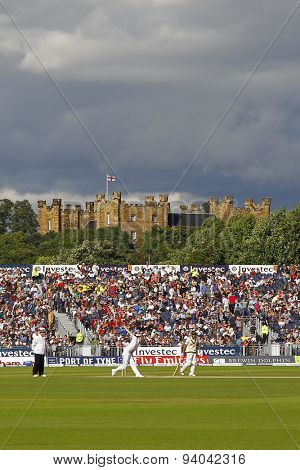 CHESTER LE STREET, ENGLAND - August 12 2013: A general view of play with Lumley Castle in the distance during day four of the Investec Ashes 4th test match at The Emirates Riverside Stadium