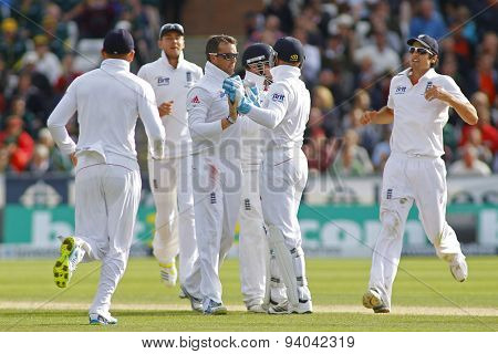 CHESTER LE STREET, ENGLAND - August 12 2013: England celebrates taking the wicket of Usman Khawaja during day four of the Investec Ashes 4th test match at The Emirates Riverside Stadium