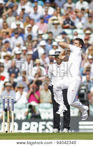 LONDON, ENGLAND - August 21 2013: James Anderson runs in to bowl during day one of the 5th Investec Ashes cricket match between England and Australia played at The Kia Oval Cricket Ground