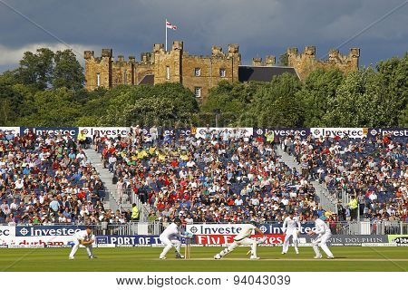 CHESTER LE STREET, ENGLAND - August 12 2013: A general view of play with Lumley Castle in the distance during day four of the Investec Ashes 4th test match at The Emirates Riverside Stadium