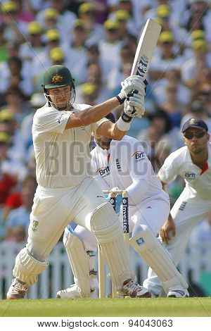 LONDON, ENGLAND - August 21 2013: Shane Watson plays a shot during day one of the 5th Investec Ashes cricket match between England and Australia played at The Kia Oval Cricket Ground