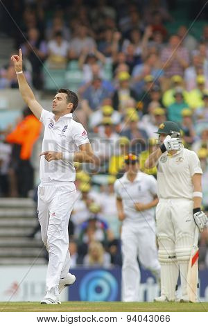 LONDON, ENGLAND - August 22 2013: James Anderson celebrates taking the wicket of Peter Siddle during day two of the 5th Investec Ashes cricket match between England and Australia