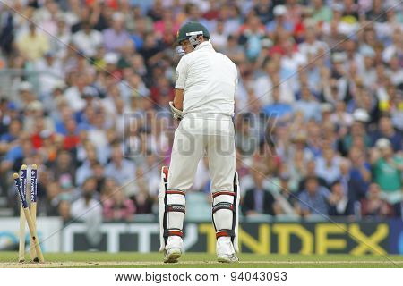 LONDON, ENGLAND - August 22 2013: Peter Siddle looks back after being bowled out during day two of the 5th Investec Ashes cricket match between England and Australia