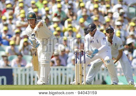 LONDON, ENGLAND - August 21 2013: Michael Clarke plays a shot during day one of the 5th Investec Ashes cricket match between England and Australia played at The Kia Oval Cricket Ground