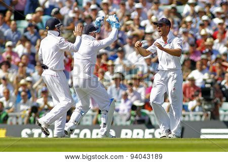 LONDON, ENGLAND - August 21 2013: Jonathan Trott celebrates catching the ball to dismiss Chris Rogers during day one of the 5th Investec Ashes cricket match between England and Australia