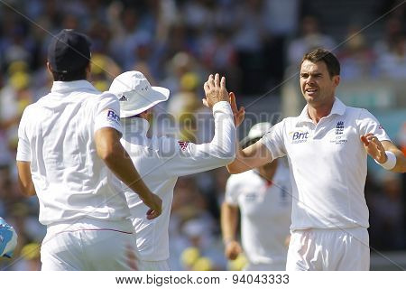 LONDON, ENGLAND - August 21 2013: James Anderson celebrates taking the wicket of Michael Clarke during day one of the 5th Investec Ashes cricket match between England and Australia