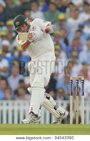 LONDON, ENGLAND - August 22 2013: Ryan Harris plays a shot during day two of the 5th Investec Ashes cricket match between England and Australia played at The Kia Oval Cricket Ground