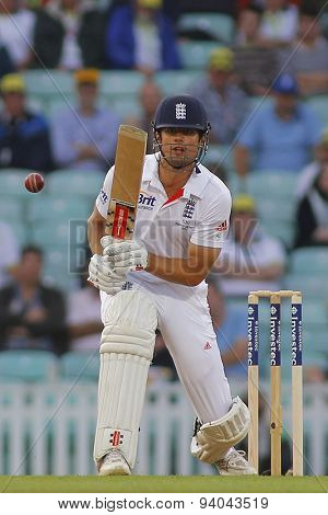 LONDON, ENGLAND - August 22 2013: Alastair Cook plays a shot during day two of the 5th Investec Ashes cricket match between England and Australia played at The Kia Oval Cricket Ground