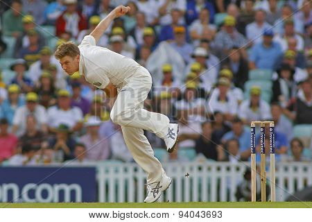 LONDON, ENGLAND - August 22 2013: James Faulkner bowling during day two of the 5th Investec Ashes cricket match between England and Australia played at The Kia Oval Cricket Ground