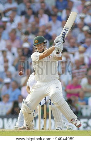 LONDON, ENGLAND - August 21 2013: Shane Watson plays a shot during day one of the 5th Investec Ashes cricket match between England and Australia played at The Kia Oval Cricket Ground on August 21