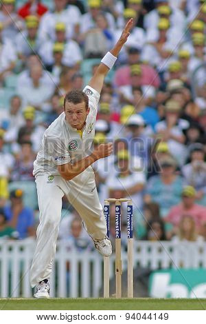 LONDON, ENGLAND - August 25:  Peter Siddle bowling during the Investec Ashes cricket match between England and Australia played at The Kia Oval Cricket Ground on August 25, 2013 in London, England.