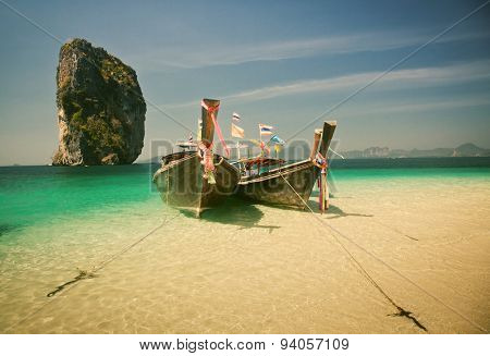 Tropical beach, longtail boats, Andaman Sea, Thailand