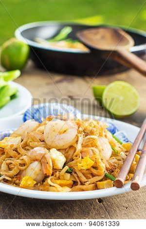 Padthai Thai noodle style on wooden background