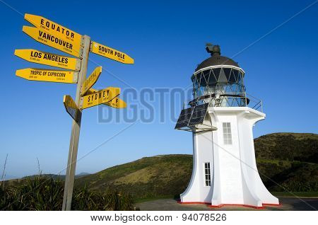 Directions to the world and Cape Reinga lighthouse at the edge of the northland of New Zealand.