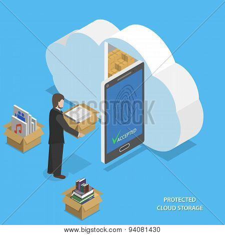 Protected cloud storage flat isometric vector.