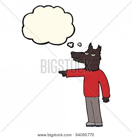cartoon wolf man pointing with thought bubble