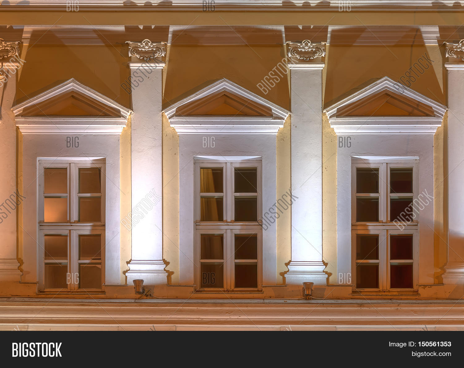 Three Windows Row On Image Photo Free Trial Stock Three Windows In A Row On Night Illuminated Facade Of Urban Office Building Front View St